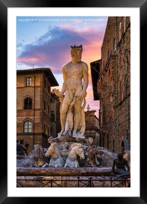 Fountain of Neptune at sunset in Florence, Tuscany Framed Mounted Print by Angus McComiskey