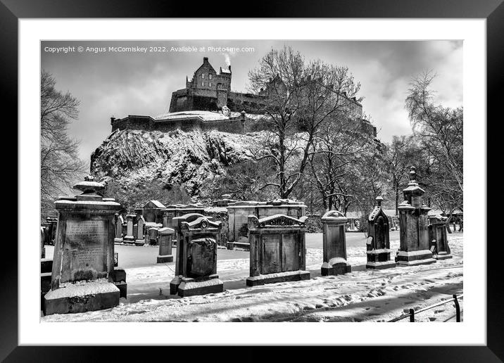 Edinburgh Castle from St Cuthbert Kirkyard mono Framed Mounted Print by Angus McComiskey