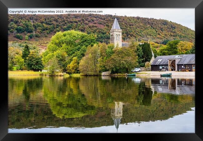 Church tower and Lake of Menteith Fisheries cabin Framed Print by Angus McComiskey