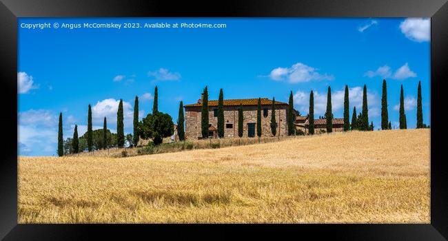 Tuscan stone farmhouse with cypress trees panorama Framed Print by Angus McComiskey