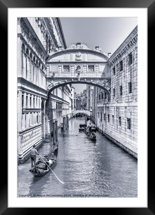 Gondolas under the Bridge of Sighs in Venice (B&W) Framed Mounted Print by Angus McComiskey