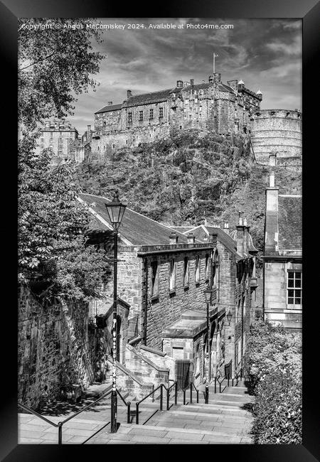 The Vennel and Edinburgh Castle (black and white) Framed Print by Angus McComiskey