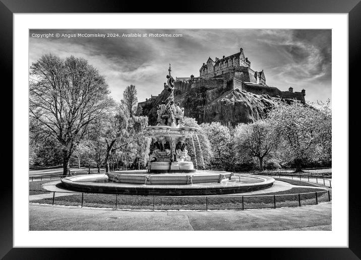 Ross Fountain and Edinburgh Castle in spring mono Framed Mounted Print by Angus McComiskey