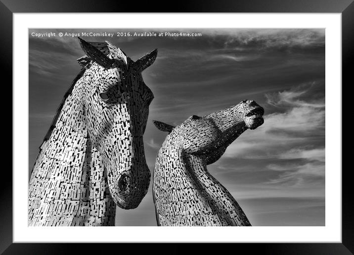 The Kelpies Falkirk black and white Framed Mounted Print by Angus McComiskey