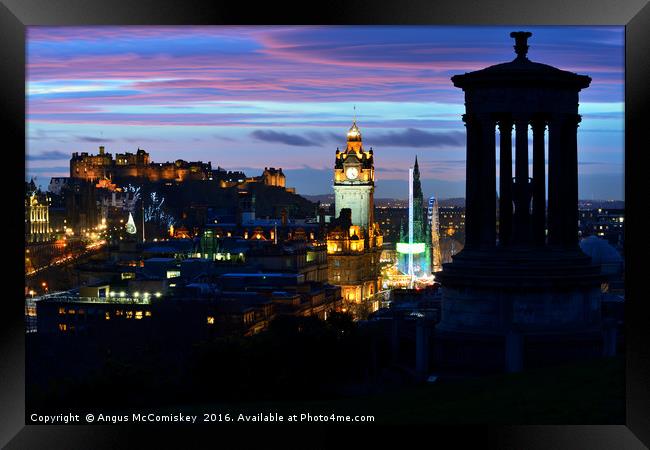 Edinburgh city skyline at dusk from Calton Hill Framed Print by Angus McComiskey