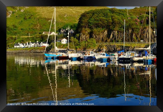Colourful reflections of yacht marina at Mallaig Framed Print by Angus McComiskey