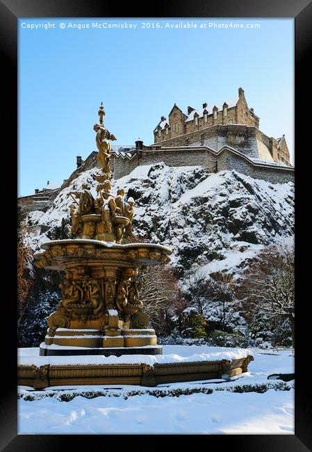 Ross Fountain and Edinburgh Castle in snow Framed Print by Angus McComiskey