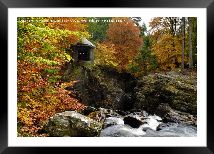 Ossian’s Hall and Black Linn Waterfall in autumn Framed Mounted Print by Angus McComiskey