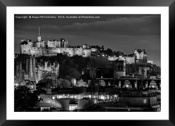 Edinburgh Castle at night mono Framed Mounted Print by Angus McComiskey