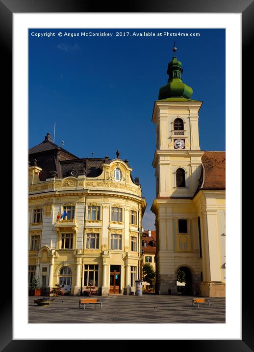 Bell tower of RC Church in Sibiu Framed Mounted Print by Angus McComiskey