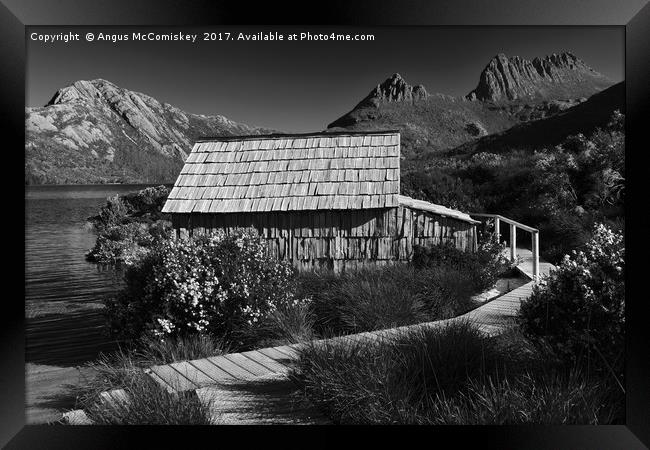 Boat shed on Dove Lake (dark and moody version) Framed Print by Angus McComiskey