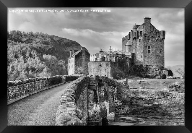 Bridge to Eilean Donan Castle (mono) Framed Print by Angus McComiskey
