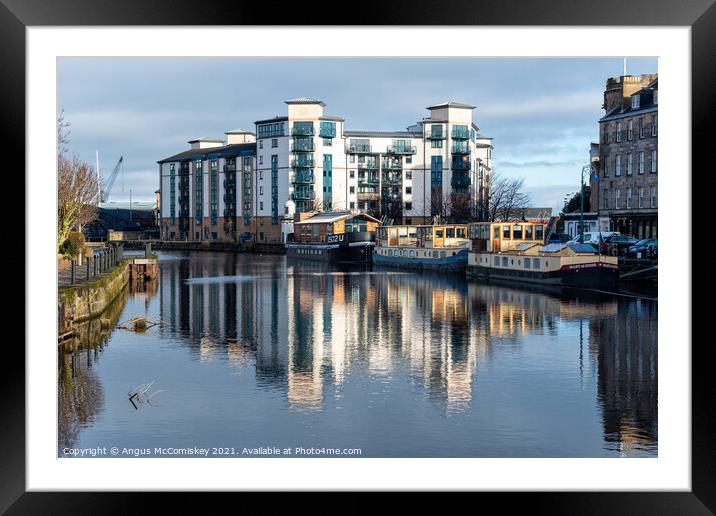 Moored barges on The Shore in Leith, Edinburgh Framed Mounted Print by Angus McComiskey