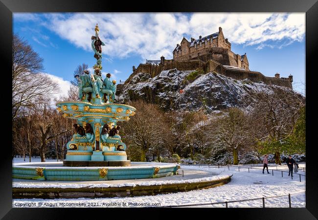 Frozen Ross Fountain and Edinburgh Castle in snow Framed Print by Angus McComiskey