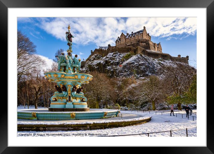 Frozen Ross Fountain and Edinburgh Castle in snow Framed Mounted Print by Angus McComiskey