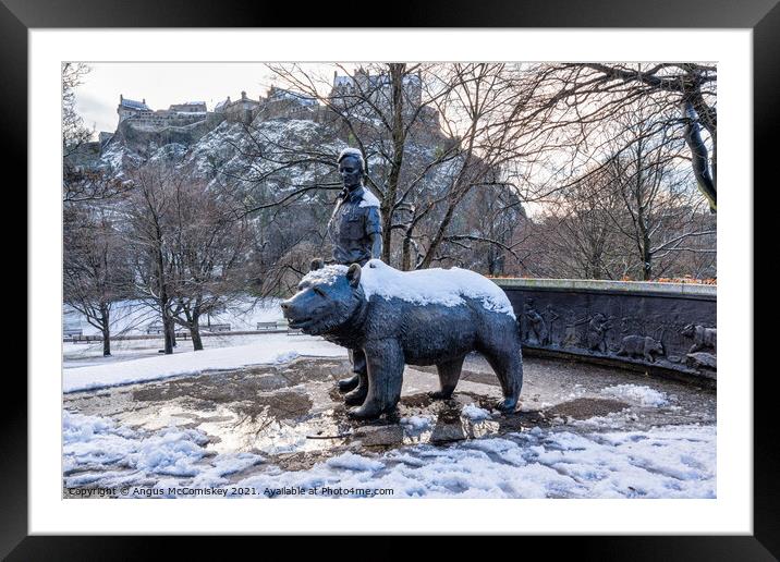 Wojtek the Soldier Bear Memorial in snow Edinburgh Framed Mounted Print by Angus McComiskey