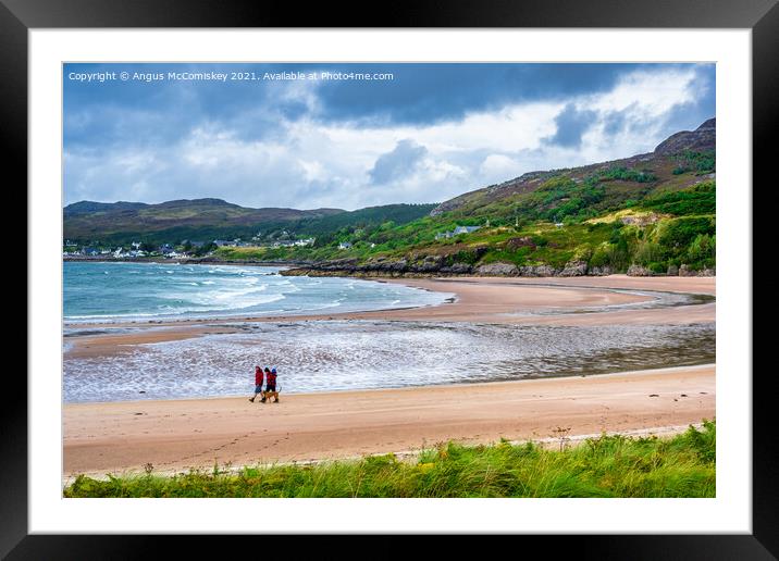 Couple walking dog on Gairloch beach Framed Mounted Print by Angus McComiskey