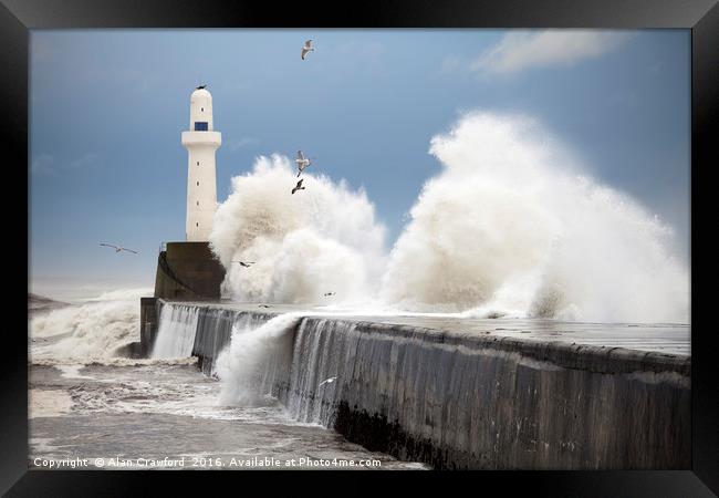 Storm waves at Aberdeen Harbour Framed Print by Alan Crawford