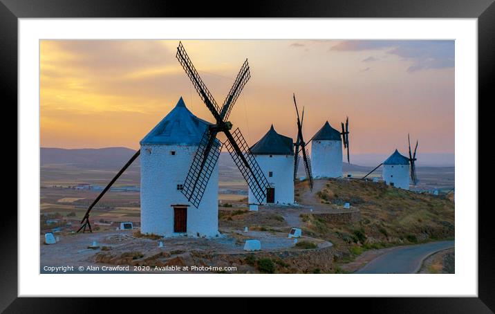Sunset on the windmills at Consuegra, Spain Framed Mounted Print by Alan Crawford