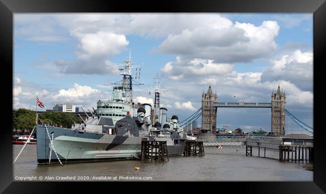 HMS Belfast and Tower Bridge, London Framed Print by Alan Crawford