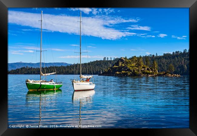 Boats on a beautiful calm day in Lake Tahoe. Framed Print by Jamie Pham