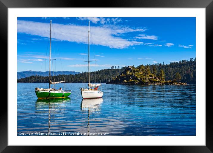 Boats on a beautiful calm day in Lake Tahoe. Framed Mounted Print by Jamie Pham