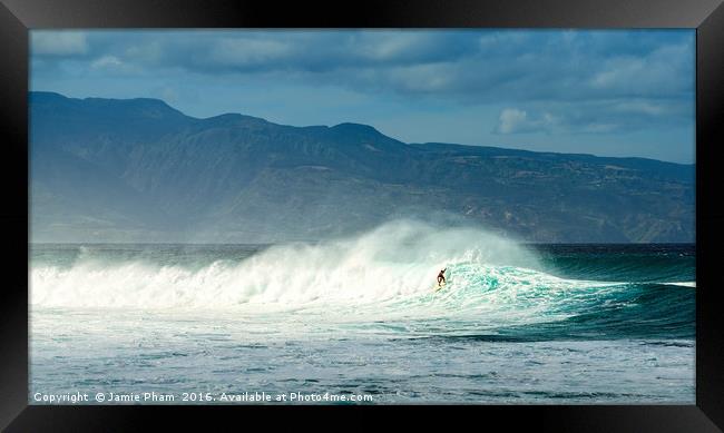 Surfers at the famous Hookipa Beach in the North s Framed Print by Jamie Pham