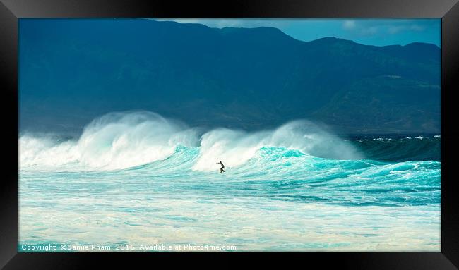 Surfers at the famous Hookipa Beach in the North s Framed Print by Jamie Pham