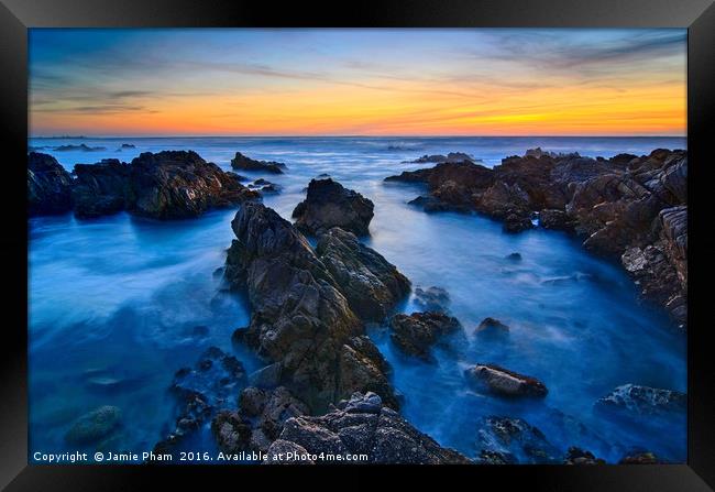 Rocky Asilomar Beach in Monterey Bay at sunset. Framed Print by Jamie Pham