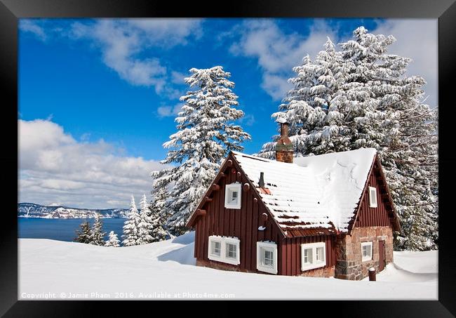 Beautiful view of Crater Lake covered in snow in t Framed Print by Jamie Pham