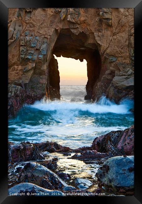 Sunset on Arch Rock in Pfeiffer Beach, Big Sur. Framed Print by Jamie Pham