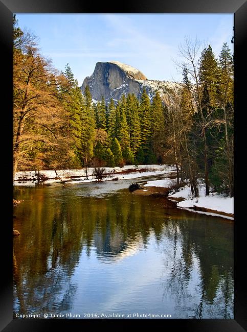 Dramatic winter view of Half Dome. Framed Print by Jamie Pham