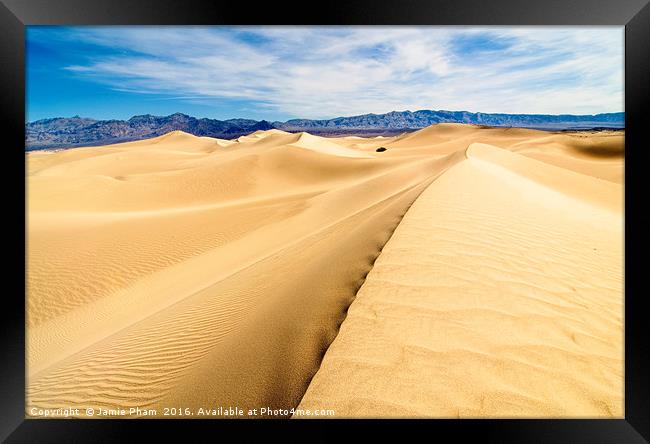 Panoramic view of sand dunes in Death Valley Framed Print by Jamie Pham