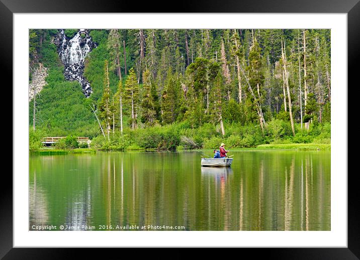 Two people fishing on a lake Framed Mounted Print by Jamie Pham