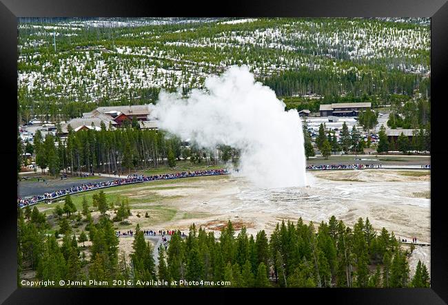 Overhead View of Old Faithful Erupting. Framed Print by Jamie Pham