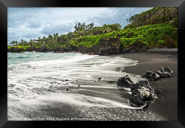 The exotic and famous Black Sand Beach of Maui Framed Print by Jamie Pham