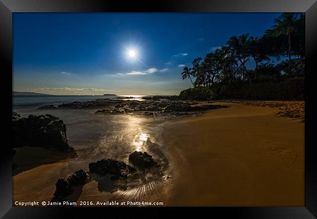 The Moon glowing over Secret Beach in Maui. Framed Print by Jamie Pham