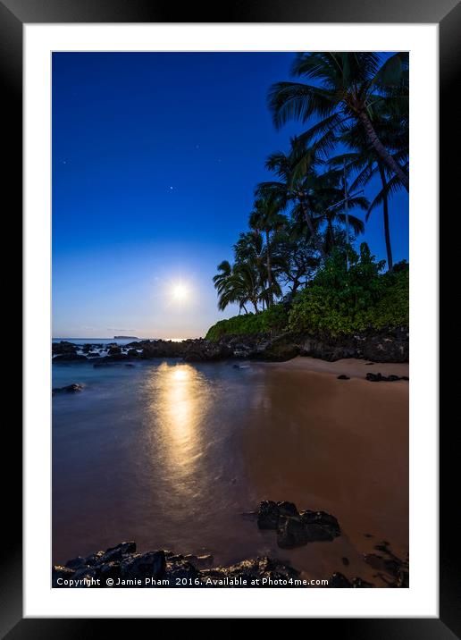 The Moon glowing over Secret Beach in Maui. Framed Mounted Print by Jamie Pham
