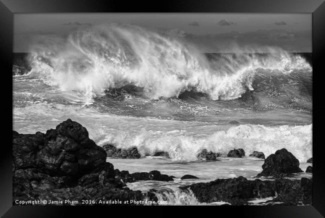 The large and spectacular waves at Hookipa Beach  Framed Print by Jamie Pham