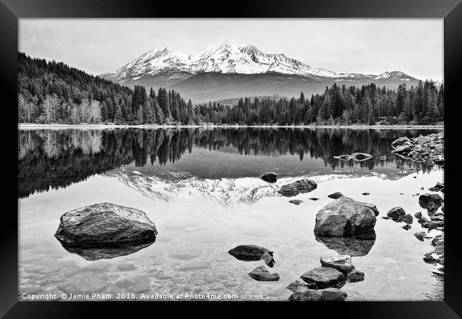 A dramatic view of Mount Shasta from Lake Siskiyou Framed Print by Jamie Pham