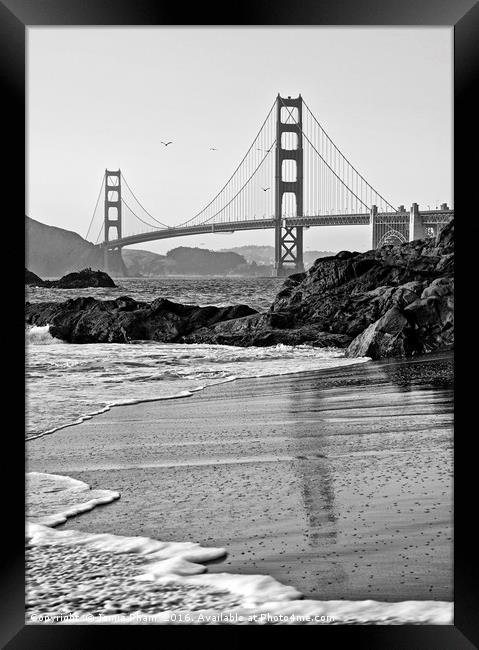 World famous Golden Gate Bridge with a scenic beac Framed Print by Jamie Pham