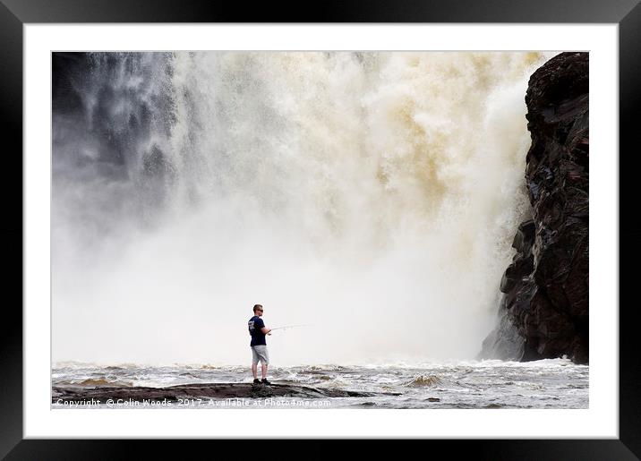 River fishing by a big waterfall in Quebec Framed Mounted Print by Colin Woods