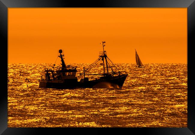 Trawler Fishing Boat at Sunset Framed Print by Arterra 