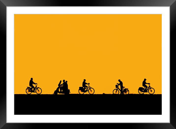 Cyclists and Scooter Silhouette Framed Mounted Print by Arterra 