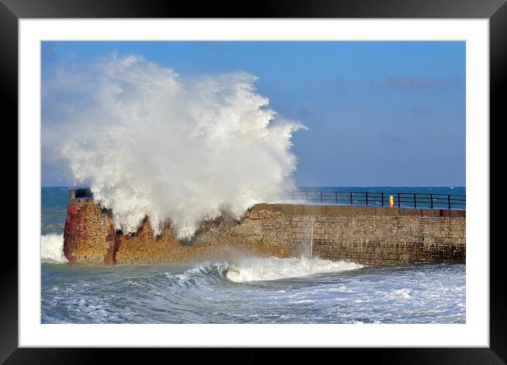 Giant Wave crashing over Jetty during Winter Storm Framed Mounted Print by Arterra 