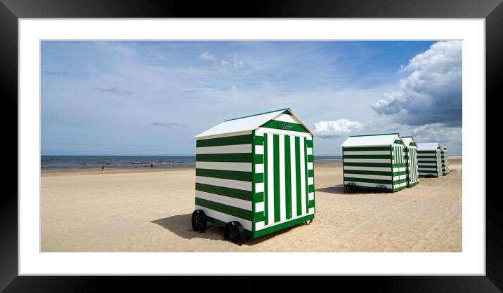 Green and White Beach Huts on Wheels Framed Mounted Print by Arterra 