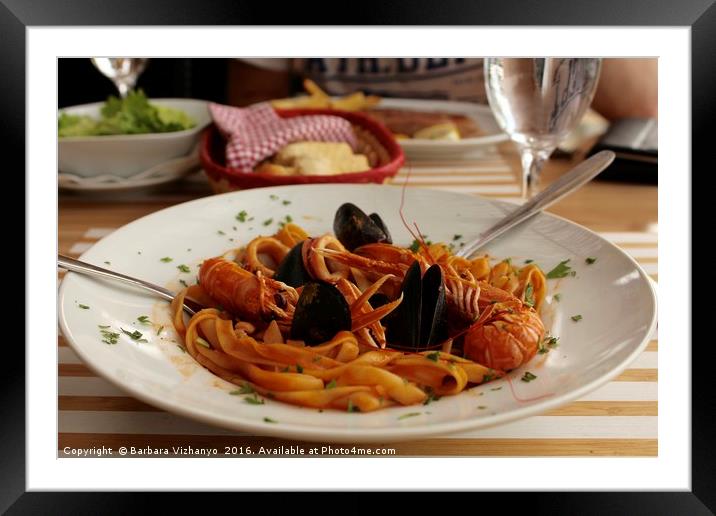 Seafood pasta served Framed Mounted Print by Barbara Vizhanyo
