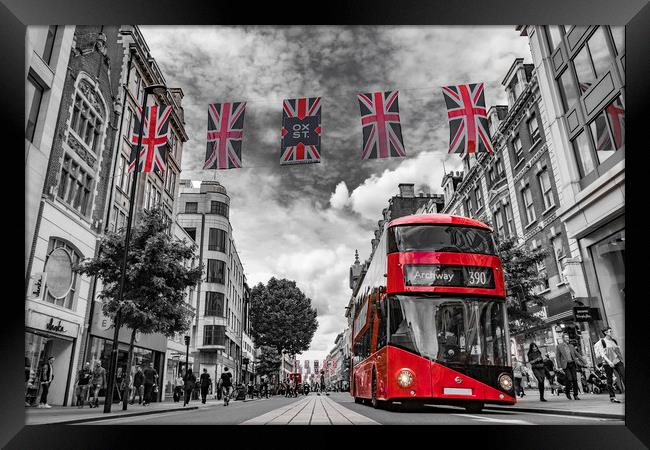 British bus and flags in Oxford Street, London Framed Print by George Cairns