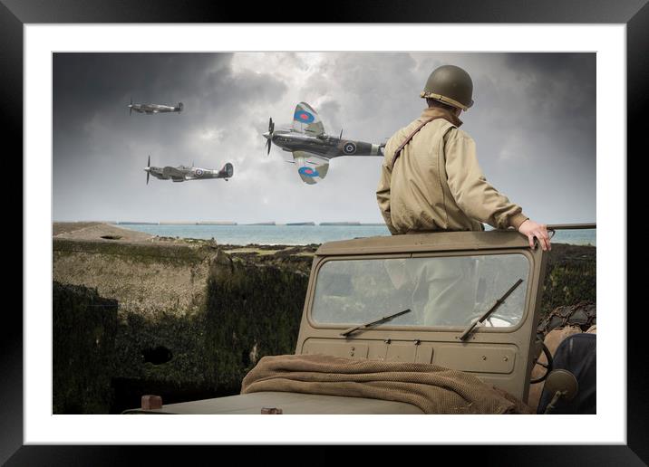 American GI on Normandy beach watches Spitfires Framed Mounted Print by George Cairns