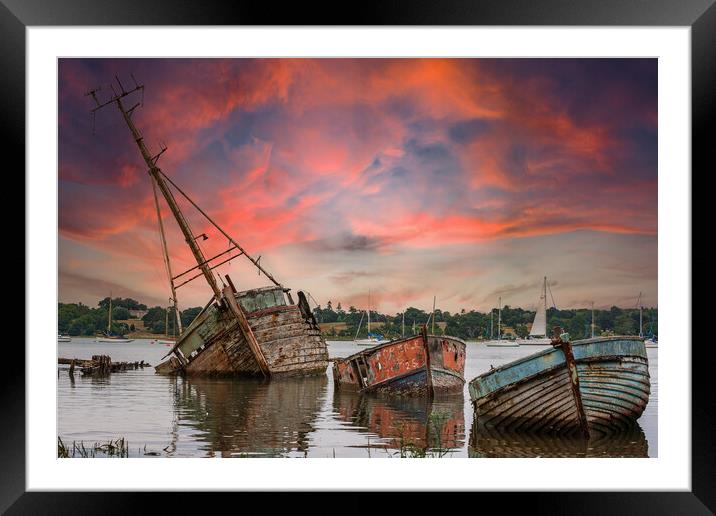 Nostalgic Sunset on Abandoned Boats Framed Mounted Print by Kevin Snelling